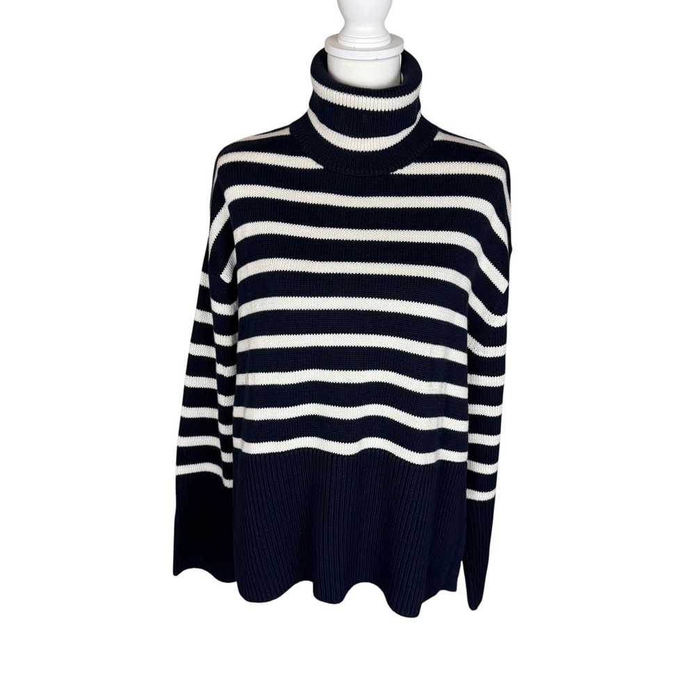 Gap Womens Navy Blue White Striped Cotton Turtleneck Sweater Split Hem Small